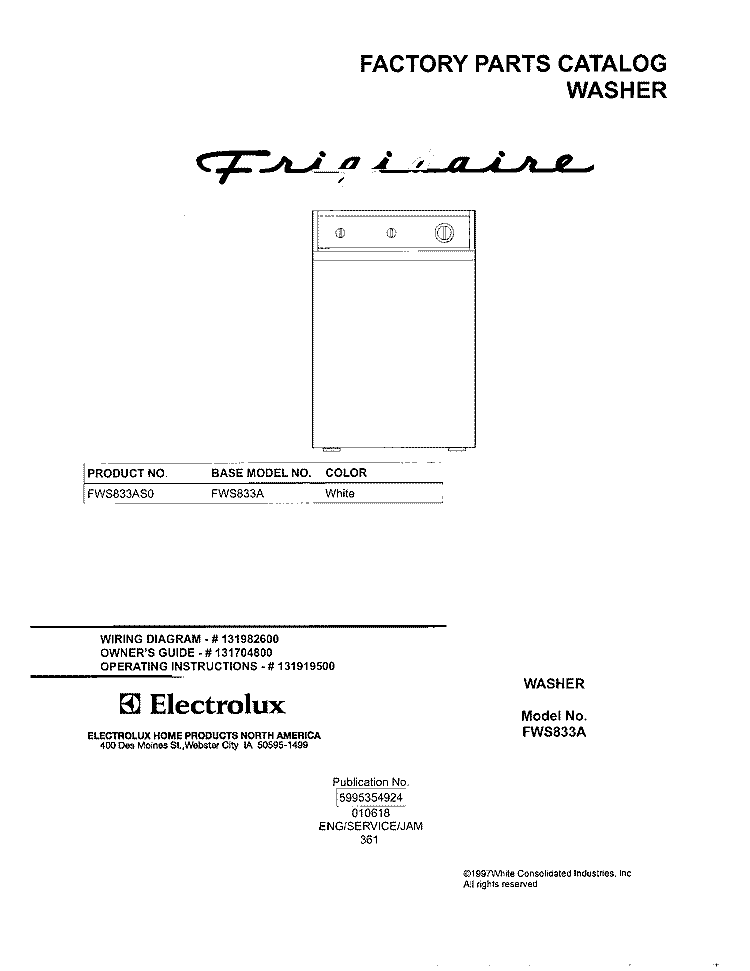 COVER Diagram and Parts List for FWS833AS0  Frigidaire Washer