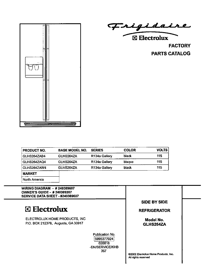 COVER Diagram and Parts List for GLHS264ZAW4  Frigidaire Refrigerator