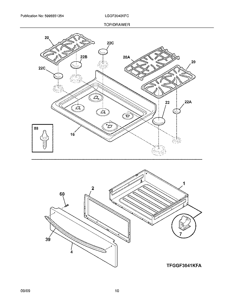 TOP/DRAWER Diagram and Parts List for LGGF3042KFC  Frigidaire Range
