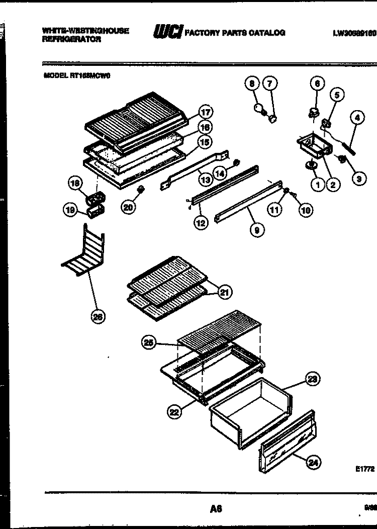 SHELVES AND SUPPORTS Diagram and Parts List for RT155MCV0  Frigidaire Refrigerator