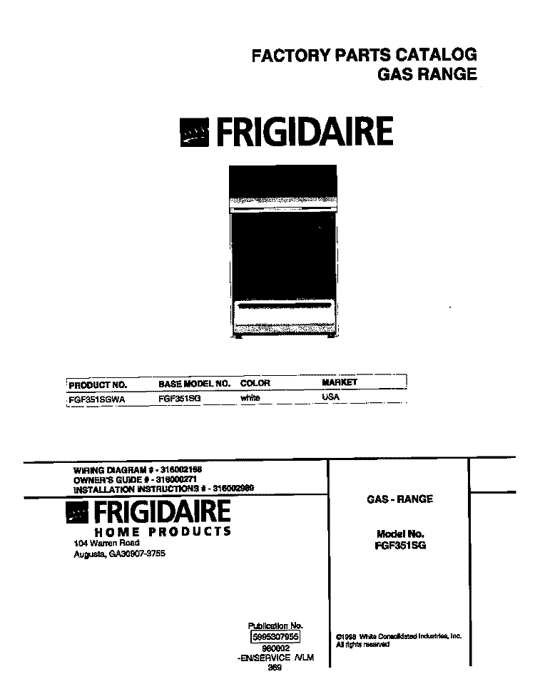 COVER Diagram and Parts List for FGF351SGWA  Frigidaire Range