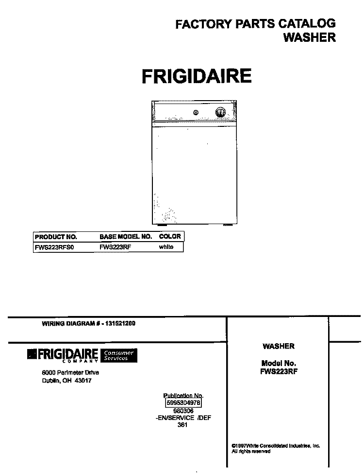 COVER Diagram and Parts List for FWS223RFS0  Frigidaire Washer