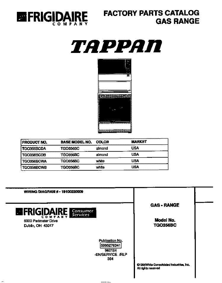 COVER Diagram and Parts List for TGO356BCDB  Tappan Range