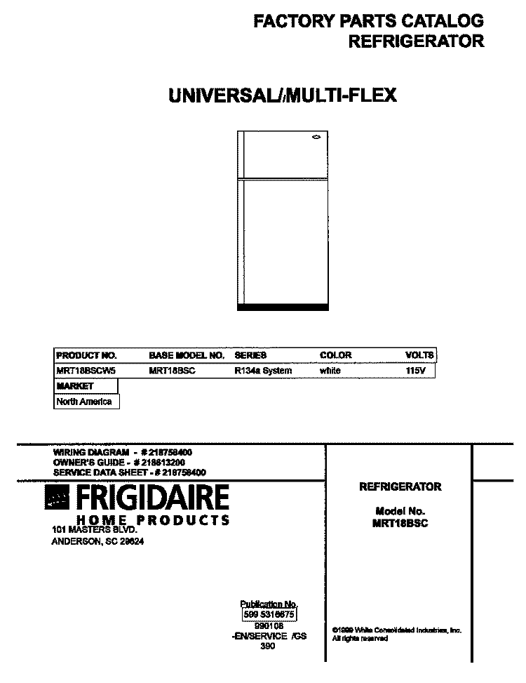COVER Diagram and Parts List for MRT18BSCW5  Frigidaire Refrigerator