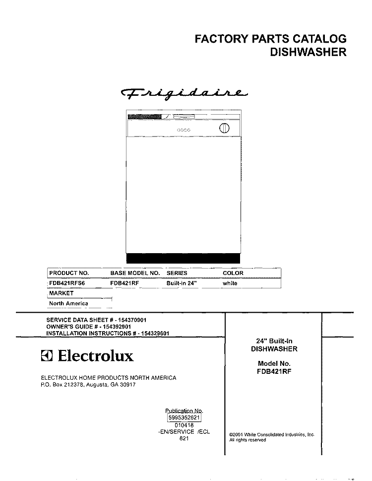 COVER Diagram and Parts List for FDB421RFS6  Frigidaire Dishwasher