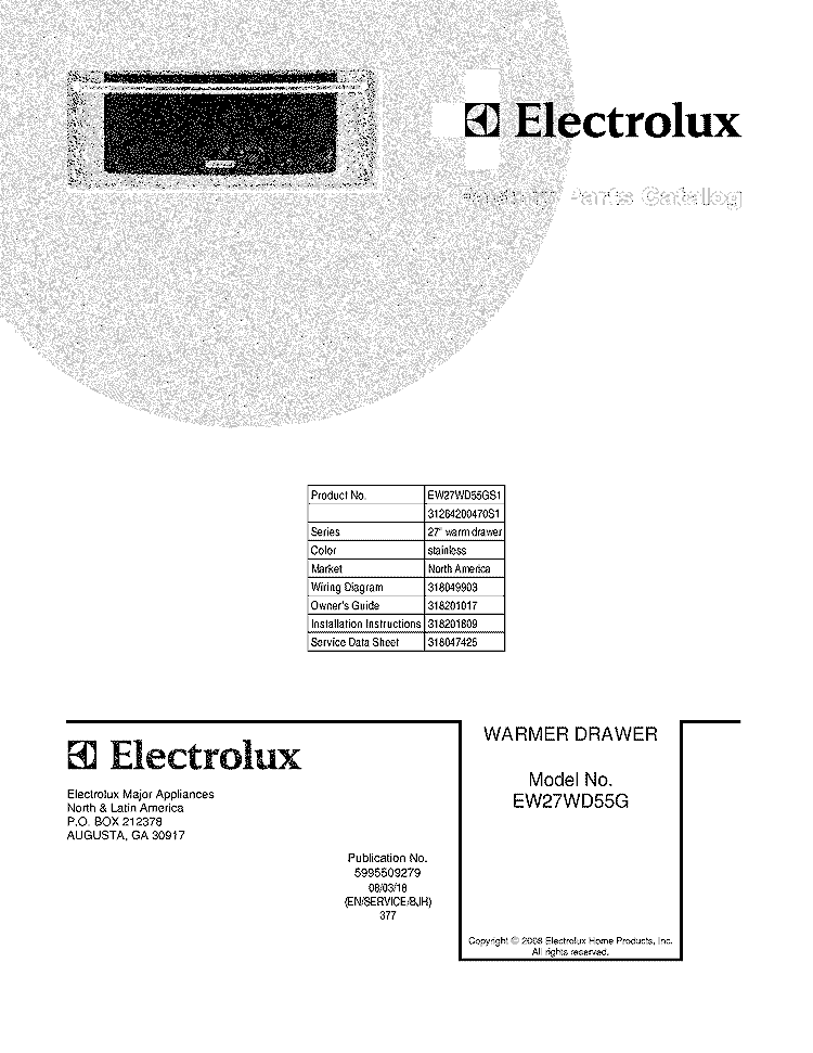 COVER Diagram and Parts List for EW27WD55GS1  Electrolux Warming Drawer