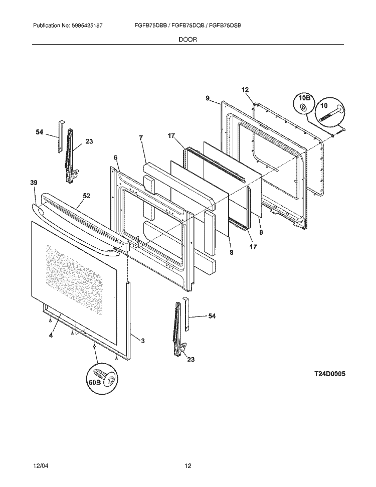 DOOR Diagram and Parts List for FGFB75DBB  Frigidaire Range