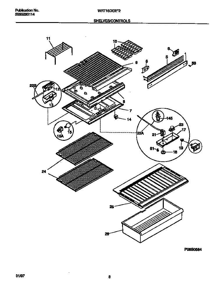 SHELVES / CONTROLS Diagram and Parts List for WRT16DGEW2  Frigidaire Refrigerator