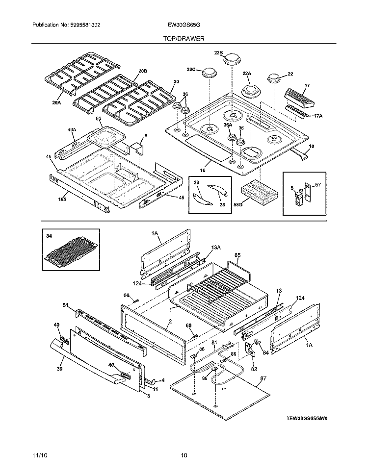 TOP/DRAWER Diagram and Parts List for EW30GS65GB9  Electrolux Range