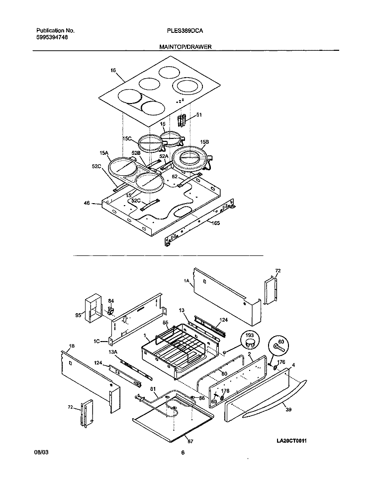 TOP / DRAWER Diagram and Parts List for PLES389DCA  Frigidaire Range