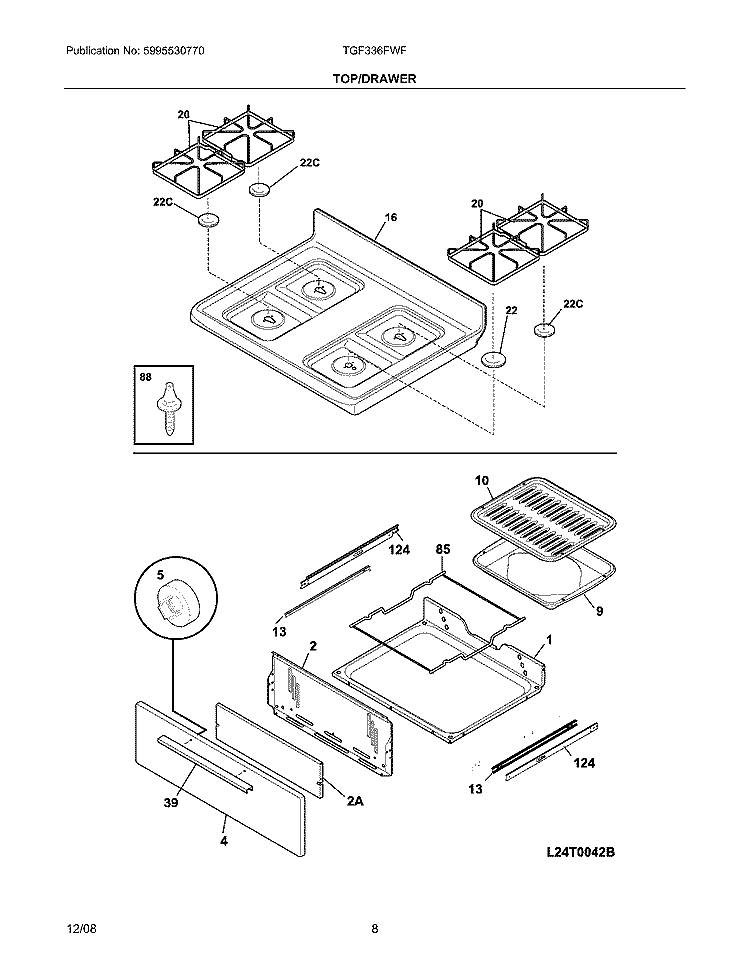 TOP/DRAWER Diagram and Parts List for TGF336FWF  Tappan Range