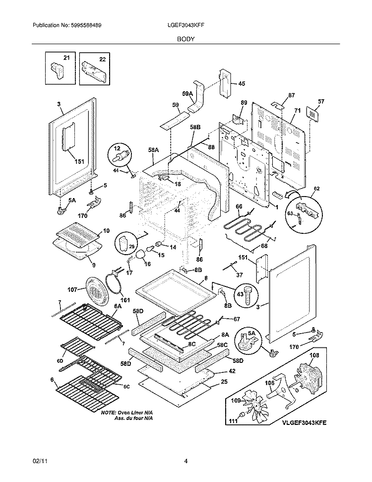BODY Diagram and Parts List for LGEF3043KFF  Frigidaire Range