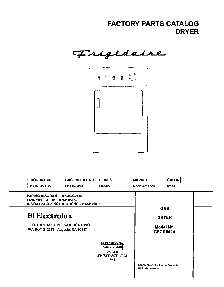 COVER Diagram and Parts List for GSGR642AS5  Frigidaire Dryer