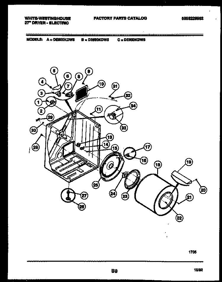 CABINET AND COMPONENT PARTS Diagram and Parts List for DE650KDW5  Frigidaire Dryer
