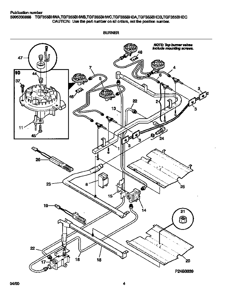 BURNER Diagram and Parts List for TGF355BHWA  Tappan Range
