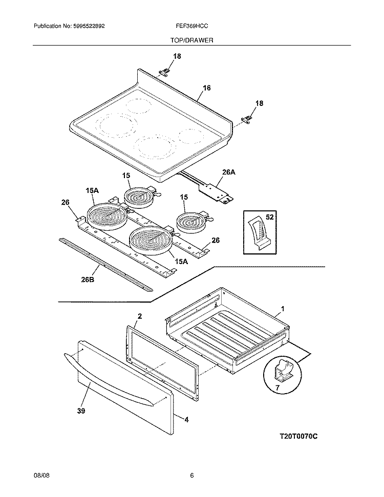 TOP/DRAWER Diagram and Parts List for FEF369HCC  Frigidaire Range