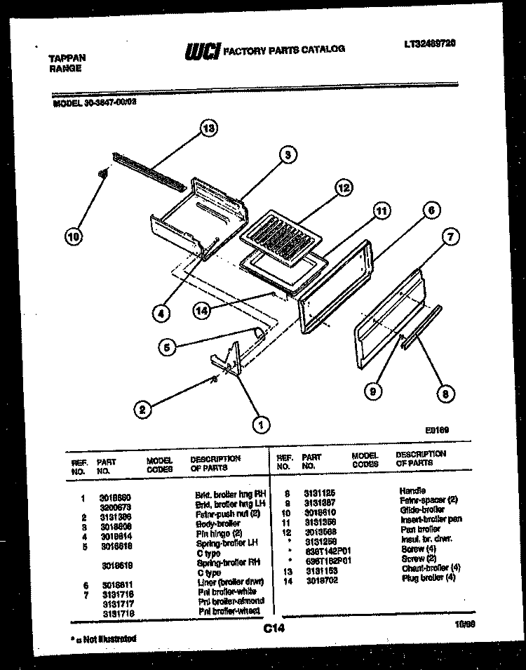 BROILER DRAWER PARTS Diagram and Parts List for 30-3647-66-03  Tappan Range