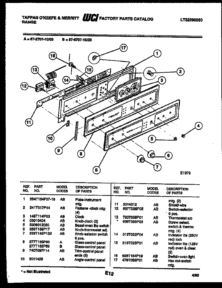 CONTROL PANEL Diagram and Parts List for 57-2707-00-03  Tappan Microwave