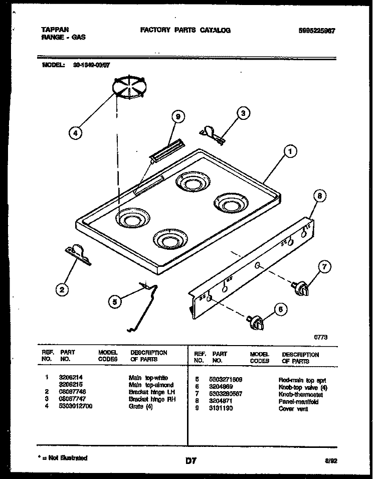 COOKTOP PARTS Diagram and Parts List for 30-1049-23-07  Tappan Range