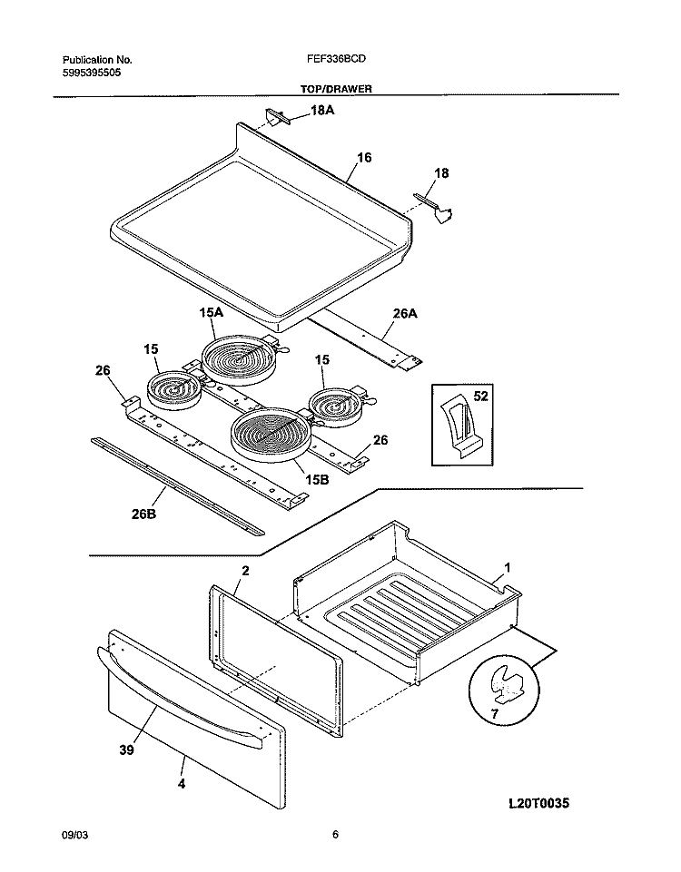 TOP / DRAWER Diagram and Parts List for FEF336BCD  Frigidaire Range