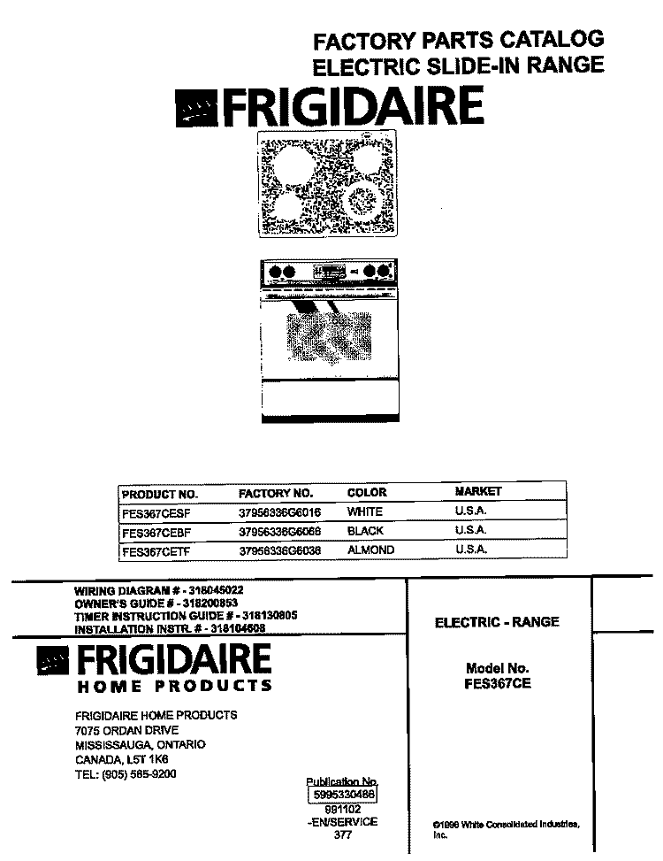 COVER Diagram and Parts List for FES367CETF  Frigidaire Range