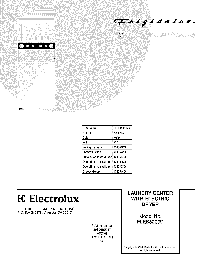 COVER Diagram and Parts List for FLEB8200DS0  Frigidaire Washer Dryer Combo