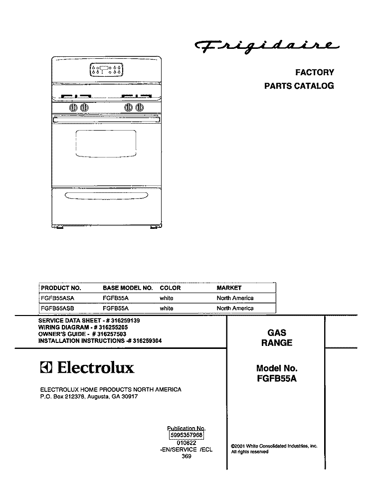 COVER Diagram and Parts List for FGFB55ASB  Frigidaire Range