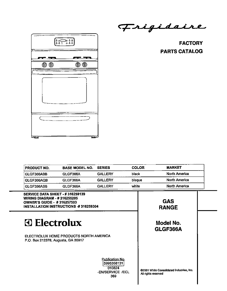 COVER Diagram and Parts List for GLGF366AQB  Frigidaire Range