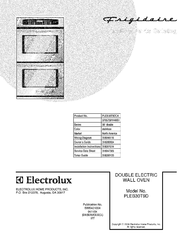 COVER Diagram and Parts List for PLEB30T9DCA  Frigidaire Wall Oven