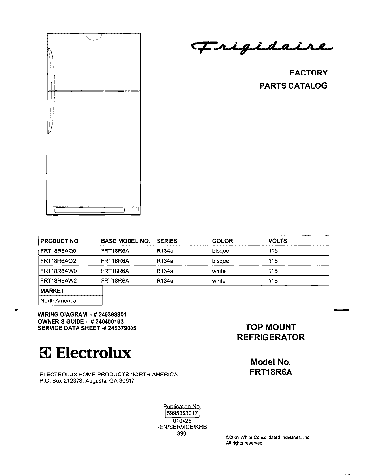 COVER Diagram and Parts List for FRT18R6AW0  Frigidaire Refrigerator