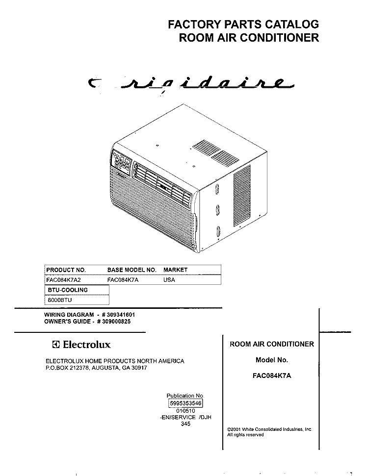 COVER Diagram and Parts List for FAC084K7A2  Frigidaire Air Conditioner