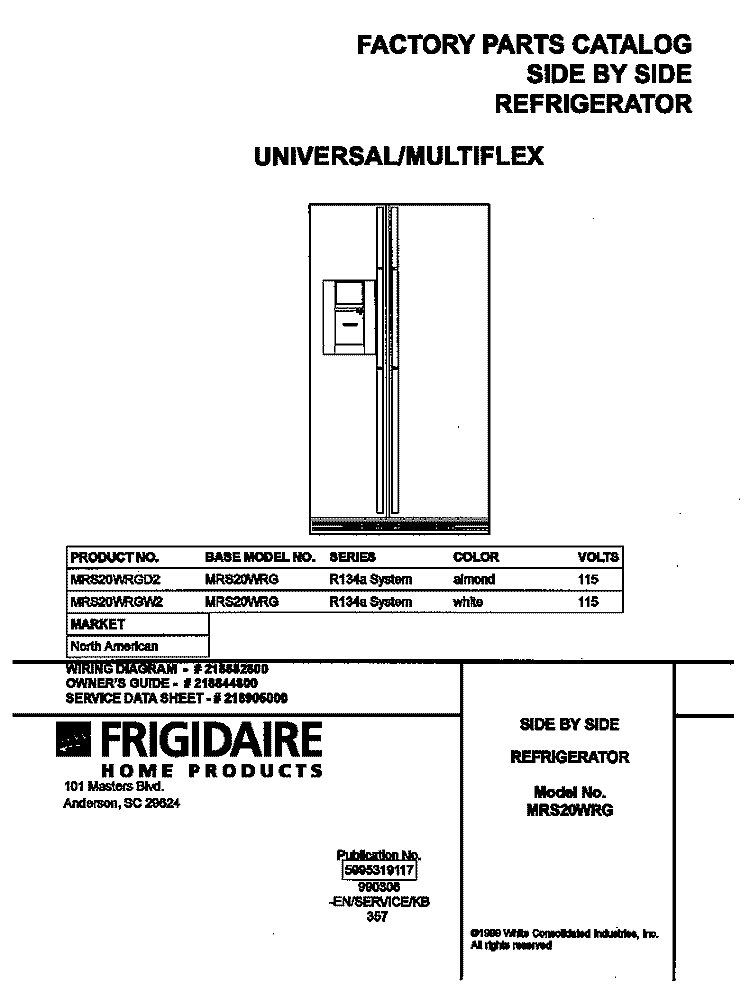 COVER Diagram and Parts List for MRS20WRGD2  Frigidaire Refrigerator