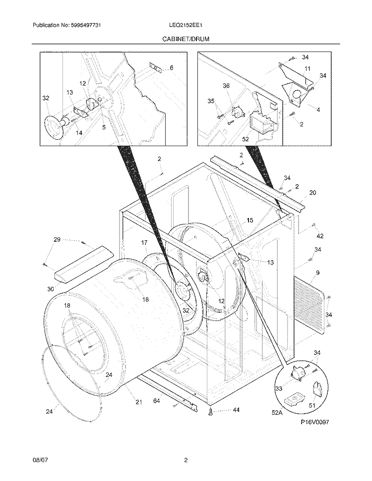 CABINET / DRUM Diagram and Parts List for LEQ2152EE1  Frigidaire Dryer