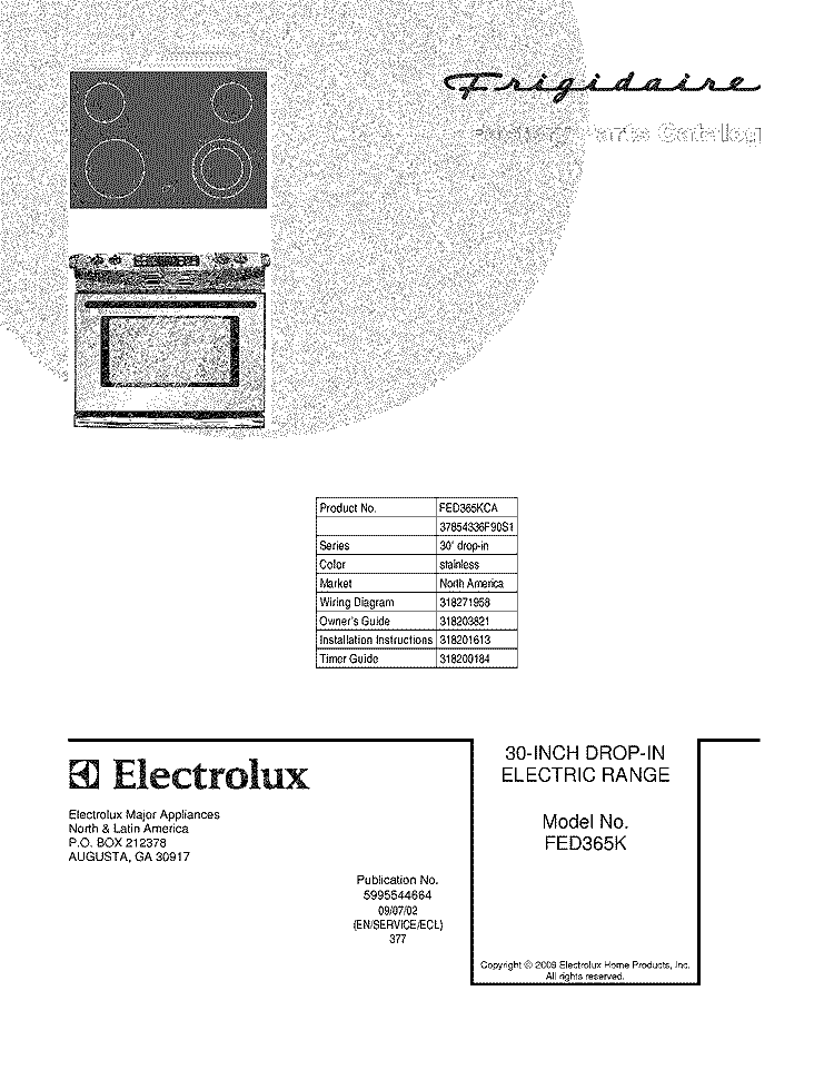 COVER Diagram and Parts List for FED365KCA  Frigidaire Range