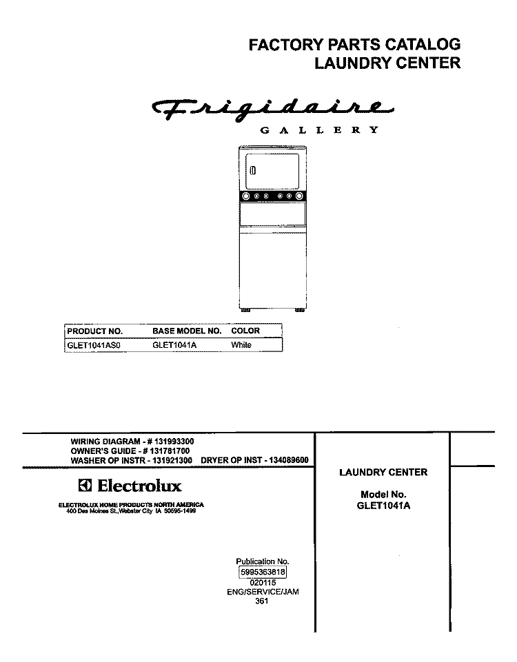 COVER Diagram and Parts List for GLET1041AS0  Frigidaire Washer Dryer Combo