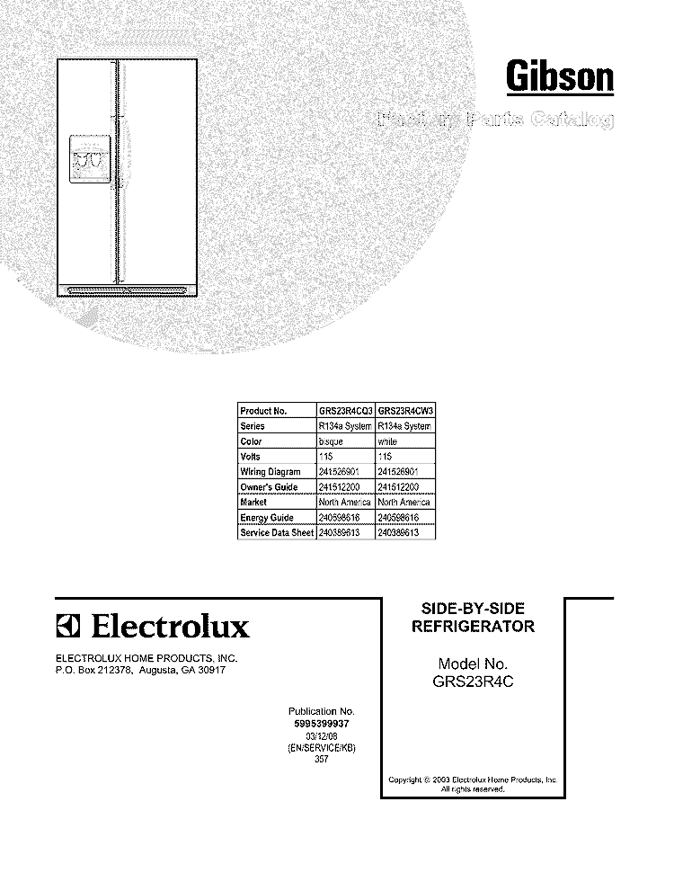 COVER Diagram and Parts List for GRS23R4CQ3  Gibson Refrigerator