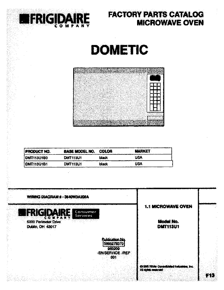 COVER Diagram and Parts List for DMT113U1B0  Frigidaire Microwave