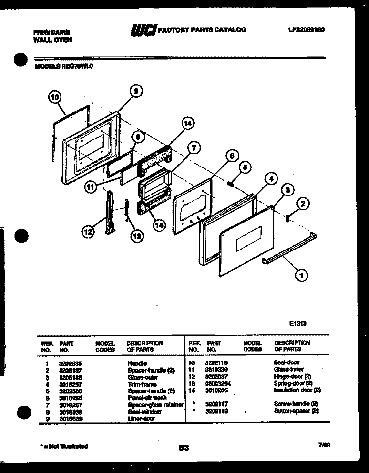 DOOR PARTS Diagram and Parts List for REG78WLB0  Frigidaire Wall Oven