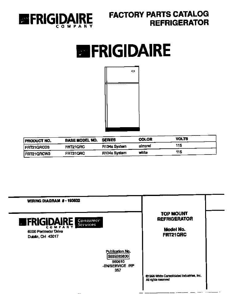 COVER Diagram and Parts List for FRT21QRCD3  Frigidaire Refrigerator