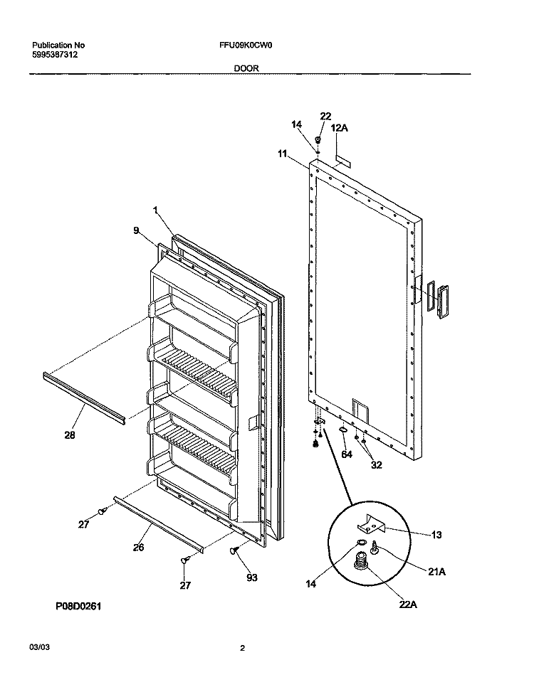 DOOR Diagram and Parts List for FFU09K0CW0  Frigidaire Freezer