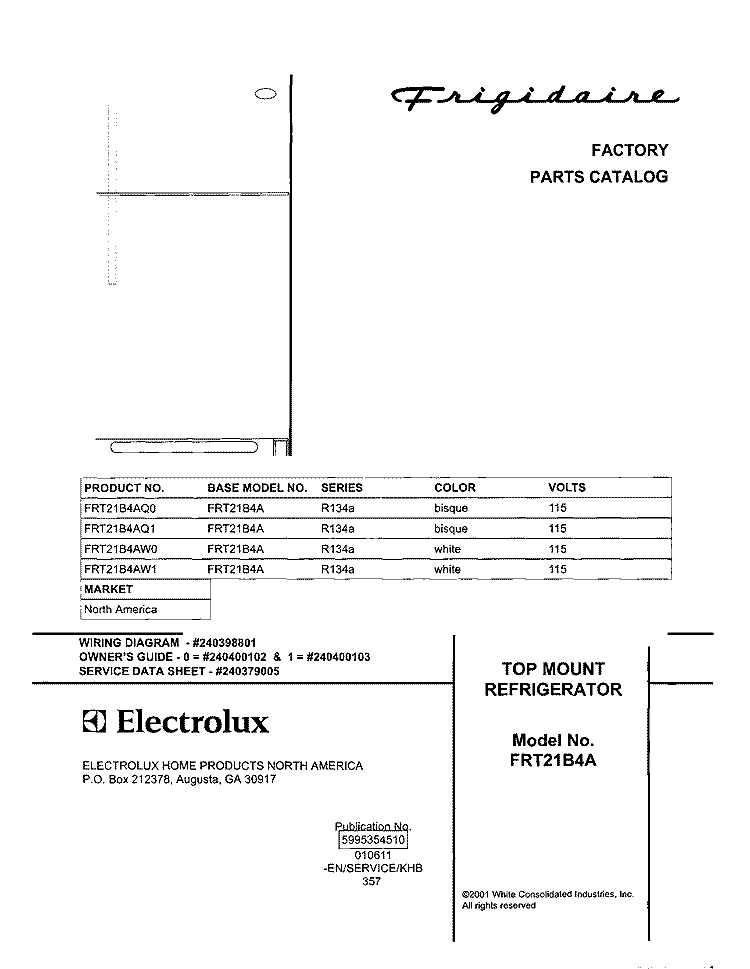 COVER Diagram and Parts List for FRT21B4AQ1  Frigidaire Refrigerator