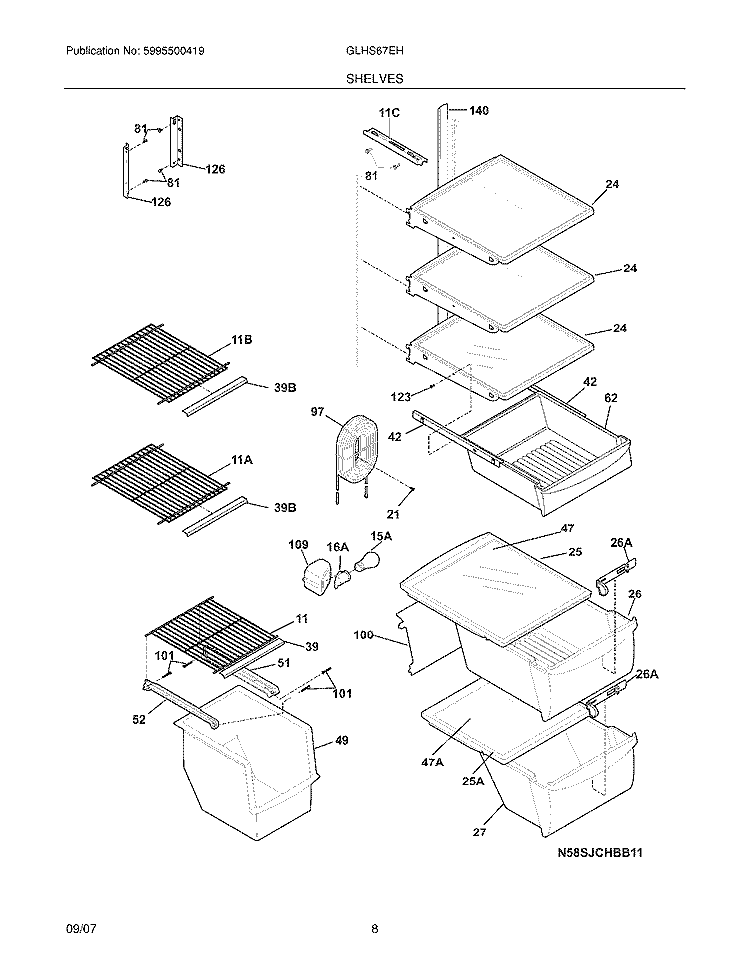 SHELVES Diagram and Parts List for GLHS65EHB7  Frigidaire Refrigerator