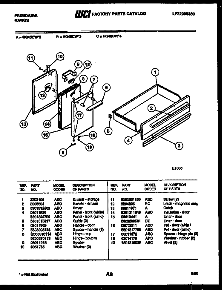 DOOR AND DRAWER PARTS Diagram and Parts List for RG45CL4  Frigidaire Range