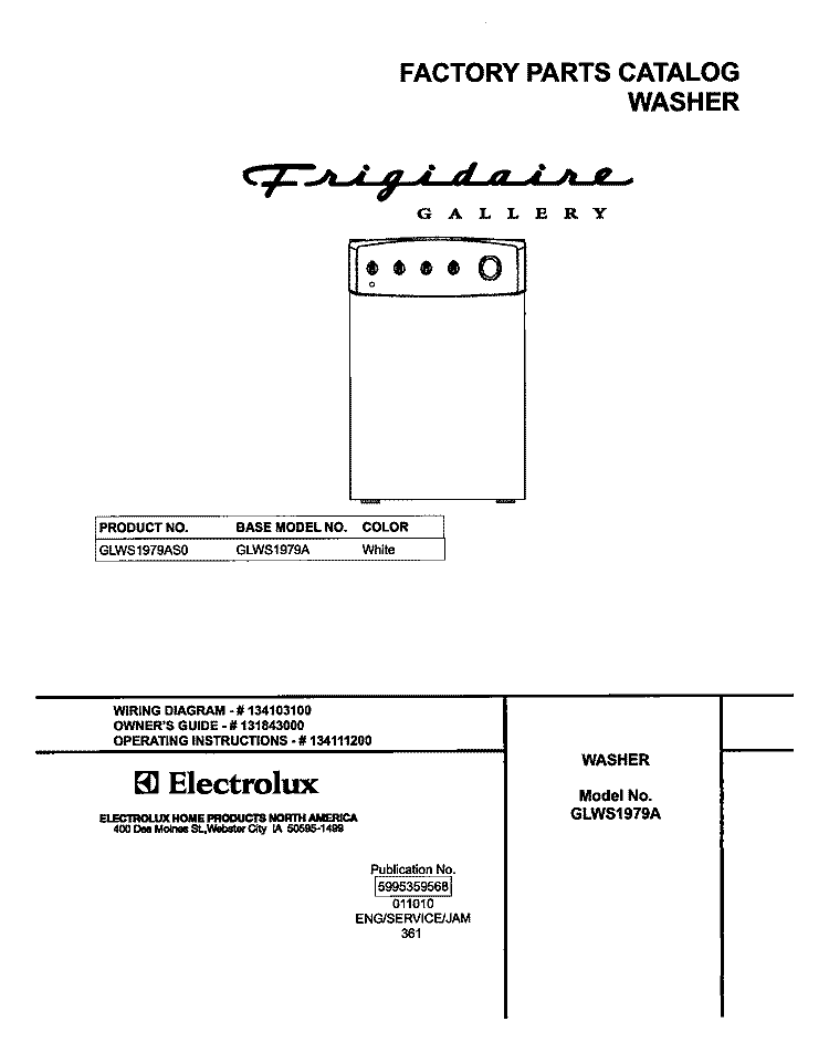 COVER Diagram and Parts List for GLWS1979AS0  Frigidaire Washer