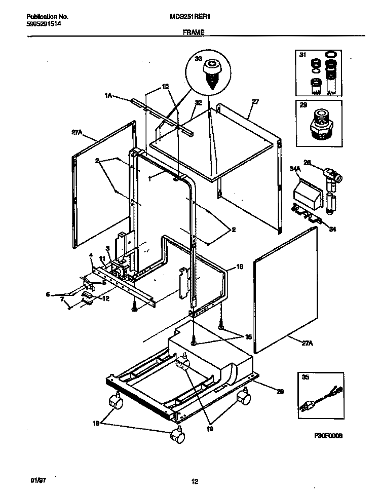 FRAME Diagram and Parts List for MDS251RER1  Frigidaire Dishwasher