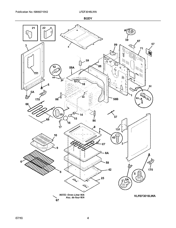 BODY Diagram and Parts List for LFEF3016LWA  Frigidaire Range