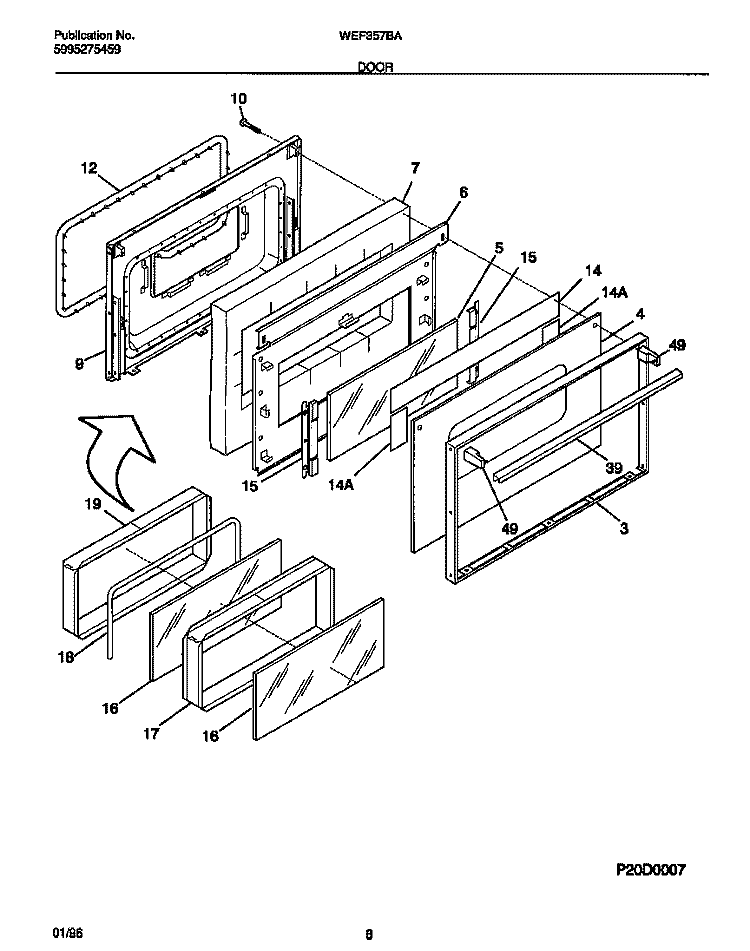 DOOR Diagram and Parts List for WEF357BAWC  Frigidaire Range