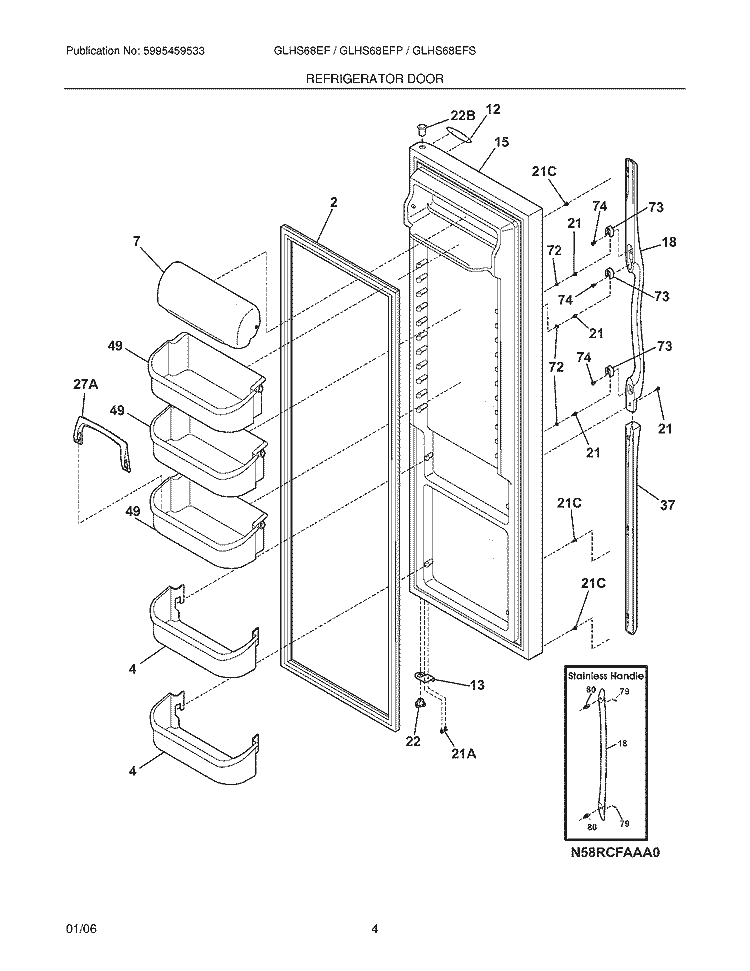 REFRIGERATOR DOOR Diagram and Parts List for GLHS68EFPW0  Frigidaire Refrigerator