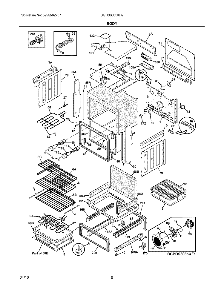 BODY Diagram and Parts List for CGDS3065KB2  Frigidaire Range