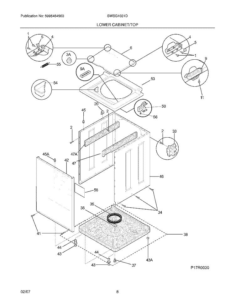 LOWER CABINET / TOP Diagram and Parts List for SWSG1031DQ1  Westinghouse Washer Dryer Combo